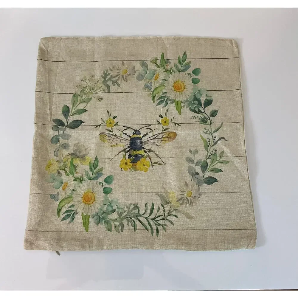 Set of 4 Farmhouse Floral Throw Pillow Covers 18x18 Daisy Bee Truck Beige